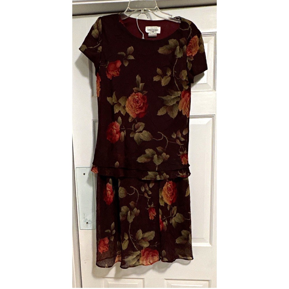 Miss Dorby Womens 10 2pc Chiffon Top & Skirt Set Burgundy Floral Formal